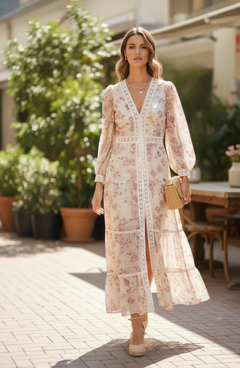 Maxi robe femme | Motif floral avec détails en dentelle et ourlet volanté