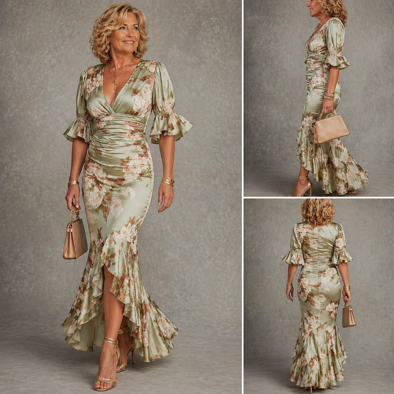 Robe Maxi Femme | Robe en Satin Floral avec Volants & Coupe Ajustée