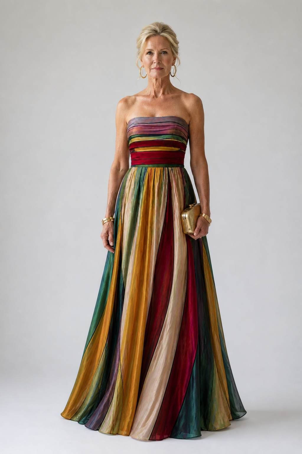 Robe Maxi Femme | Bandeau sans Bretelles & Jupe à Rayures Multicolores