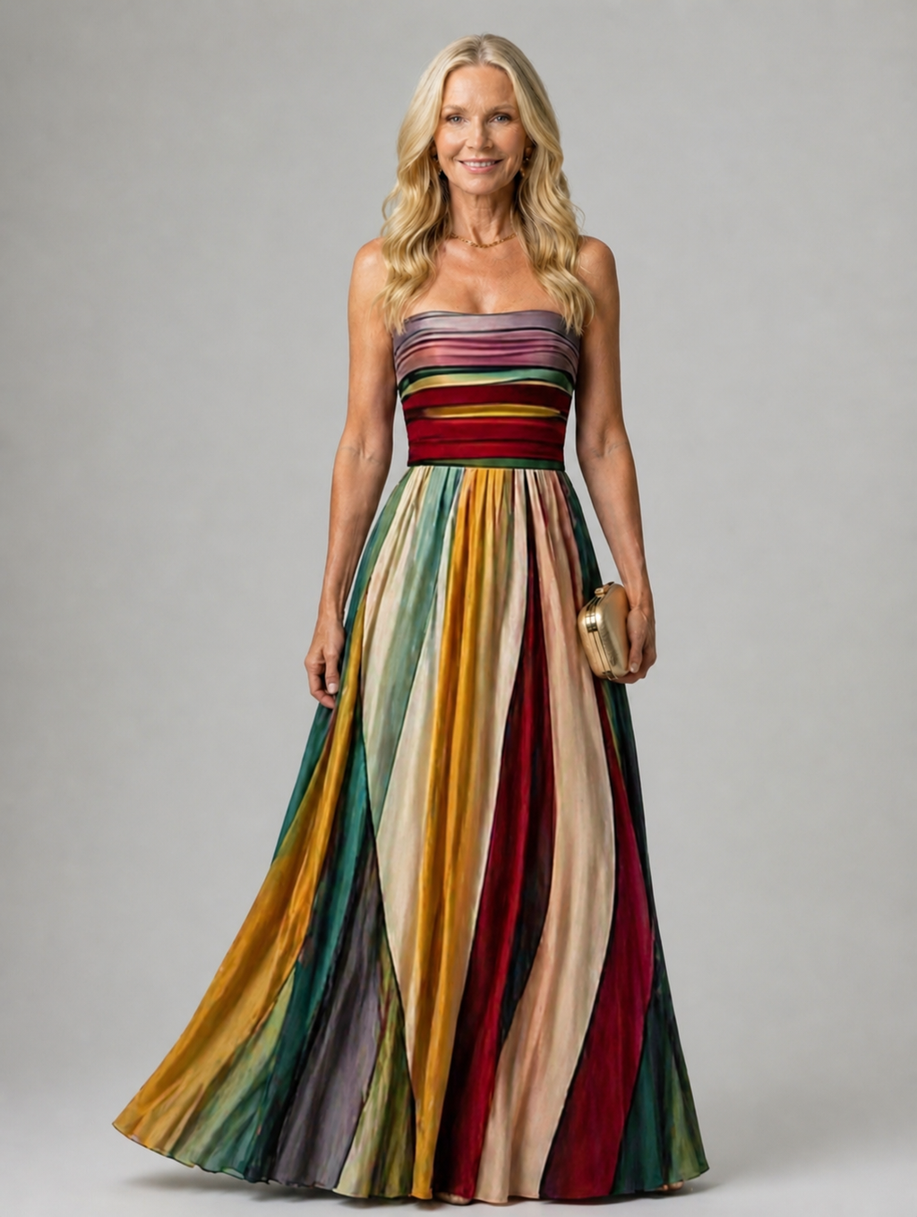 Robe Maxi Femme | Bandeau sans Bretelles & Jupe à Rayures Multicolores