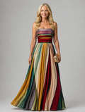 Robe Maxi Femme | Bandeau sans Bretelles & Jupe à Rayures Multicolores