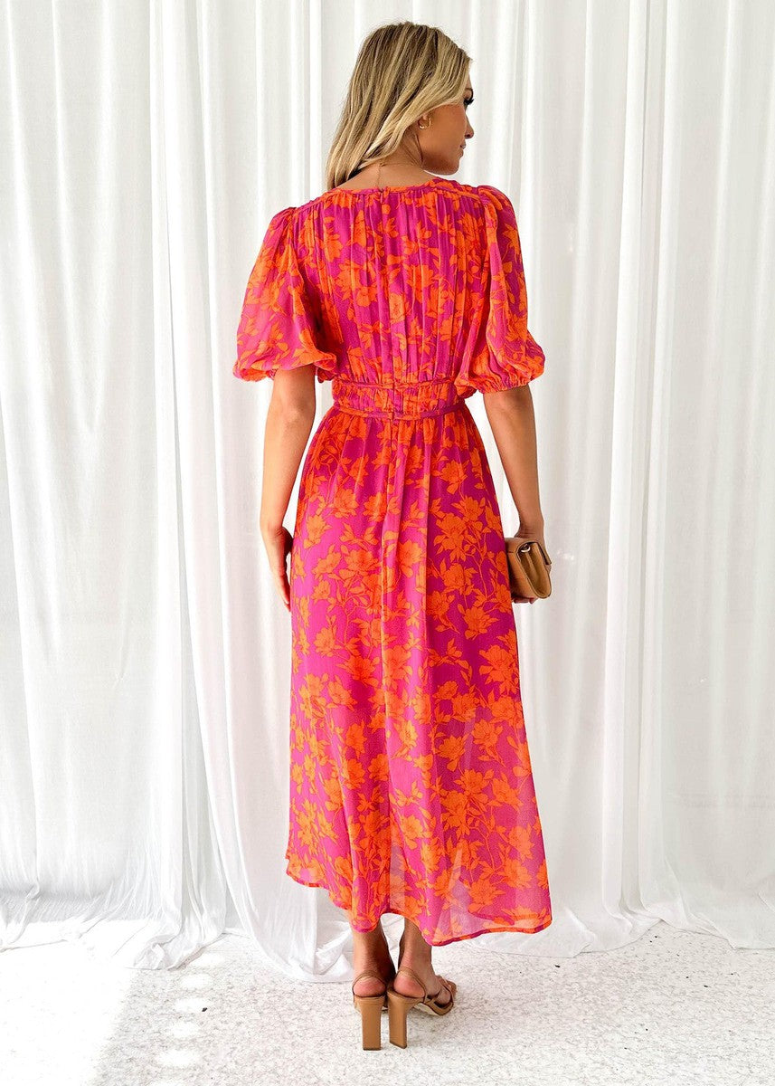 Robe midi femme | Imprimé floral & manches bouffantes