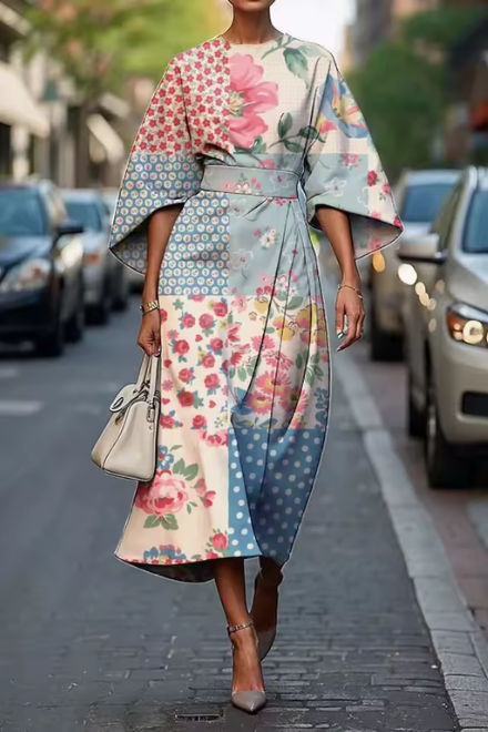 Robe Midi Femme | Imprimé Floral Artisanal & Silhouette Élégante de Kimono