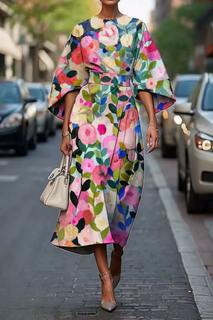 Robe Midi Femme | Imprimé Floral Artisanal & Silhouette Élégante de Kimono