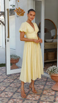 Robe midi femme | Robe romantique à manches bouffantes avec taille smockée