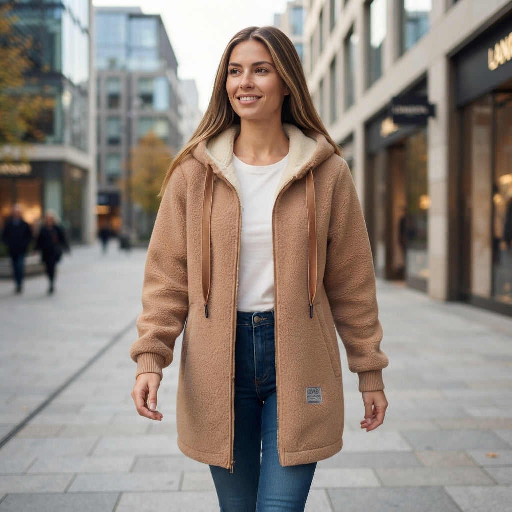 Veste Longue à Capuche et Fermeture Éclair