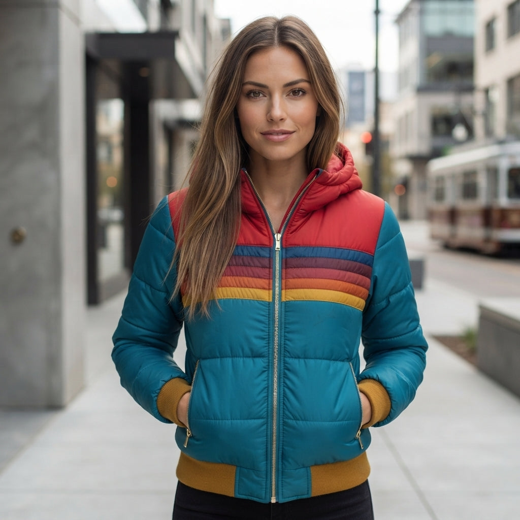 Veste Puffer Matelassée Rayée à Fermeture Éclair