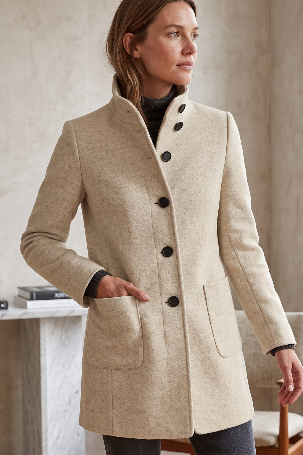 Manteau long à col classique avec boutons élégants