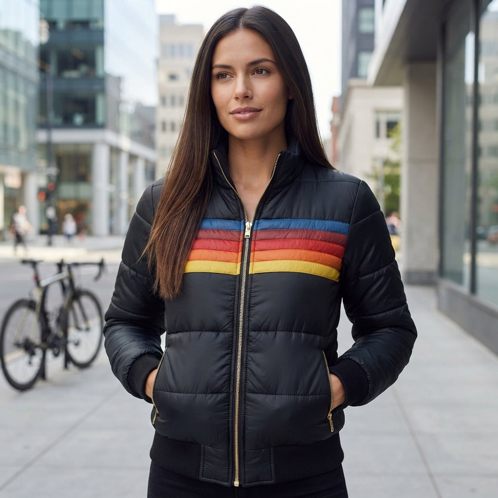 Veste Puffer Matelassée Rayée à Fermeture Éclair
