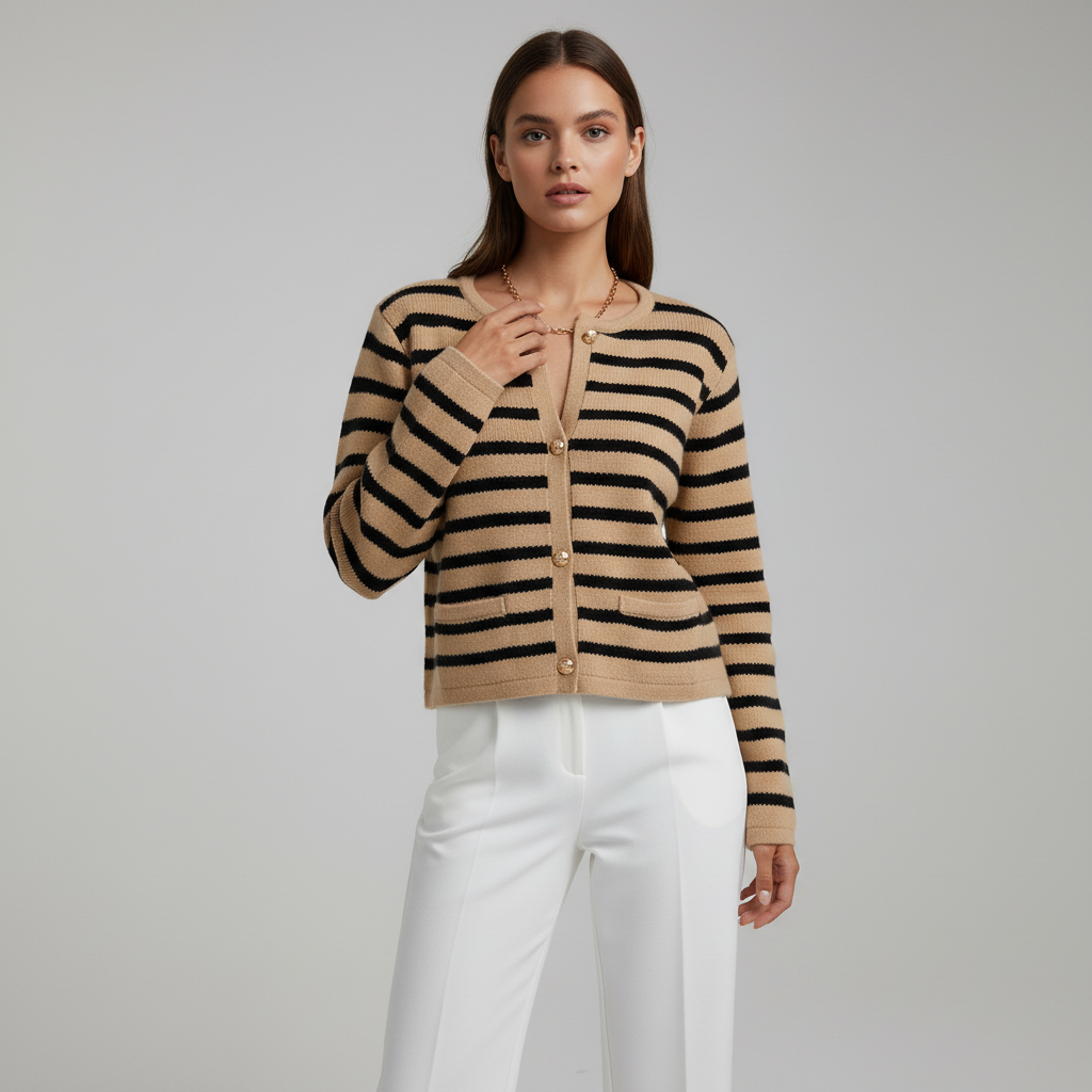 Cardigan Rayé Femme avec Décolleté en V et Boutons Dorés