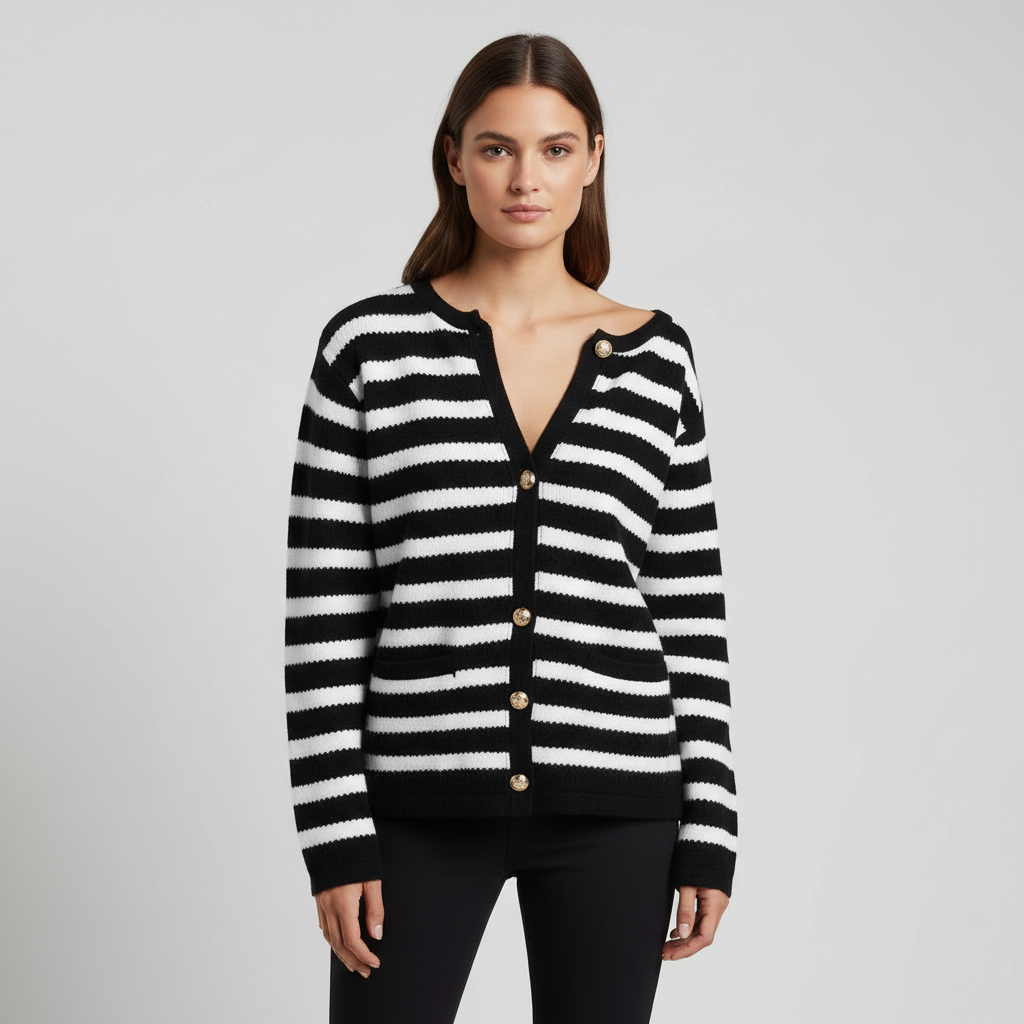 Cardigan Rayé Femme avec Décolleté en V et Boutons Dorés