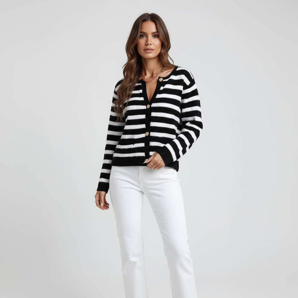 Cardigan Rayé Femme avec Décolleté en V et Boutons Dorés