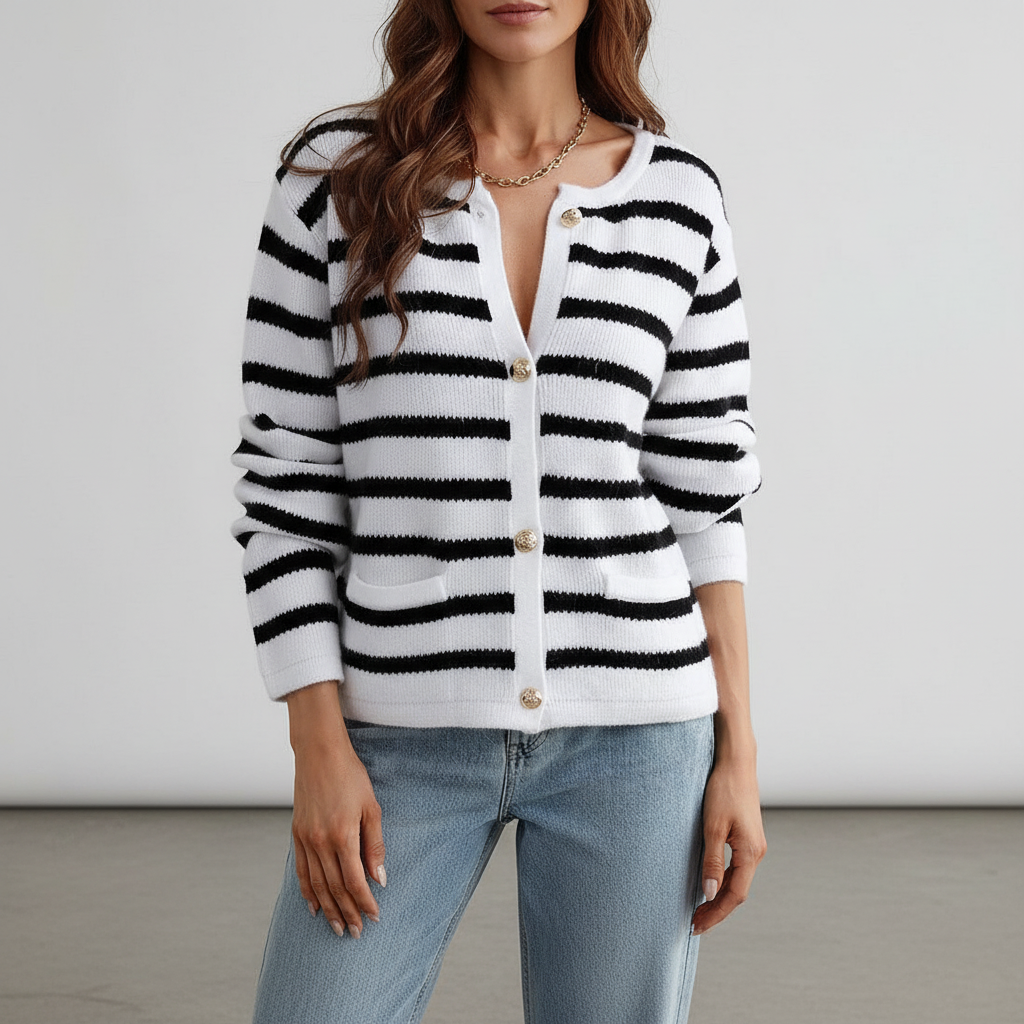 Cardigan Rayé Femme avec Décolleté en V et Boutons Dorés