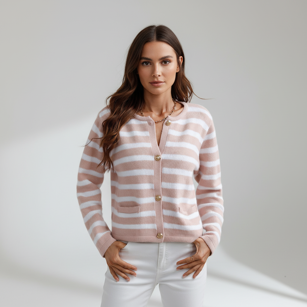 Cardigan Rayé Femme avec Décolleté en V et Boutons Dorés