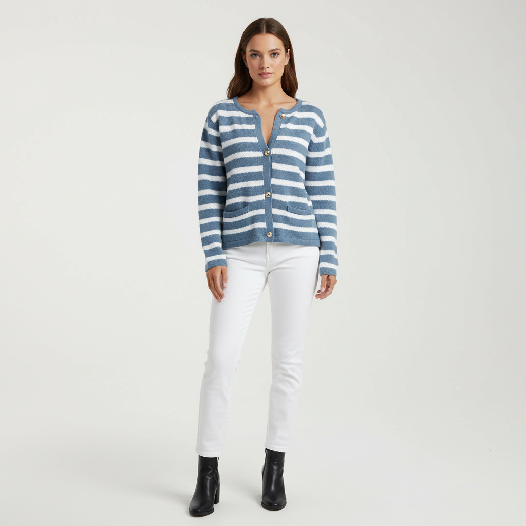 Cardigan Rayé Femme avec Décolleté en V et Boutons Dorés