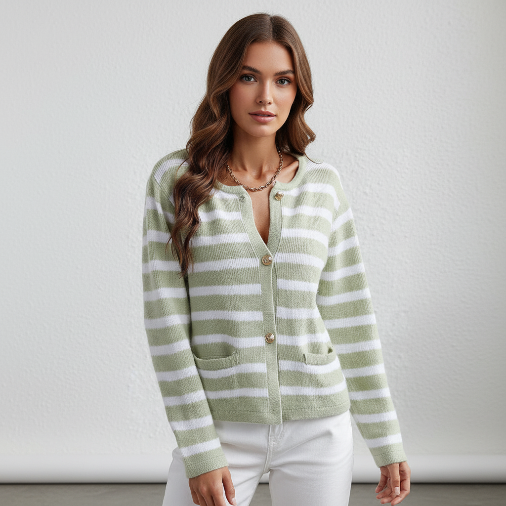 Cardigan Rayé Femme avec Décolleté en V et Boutons Dorés