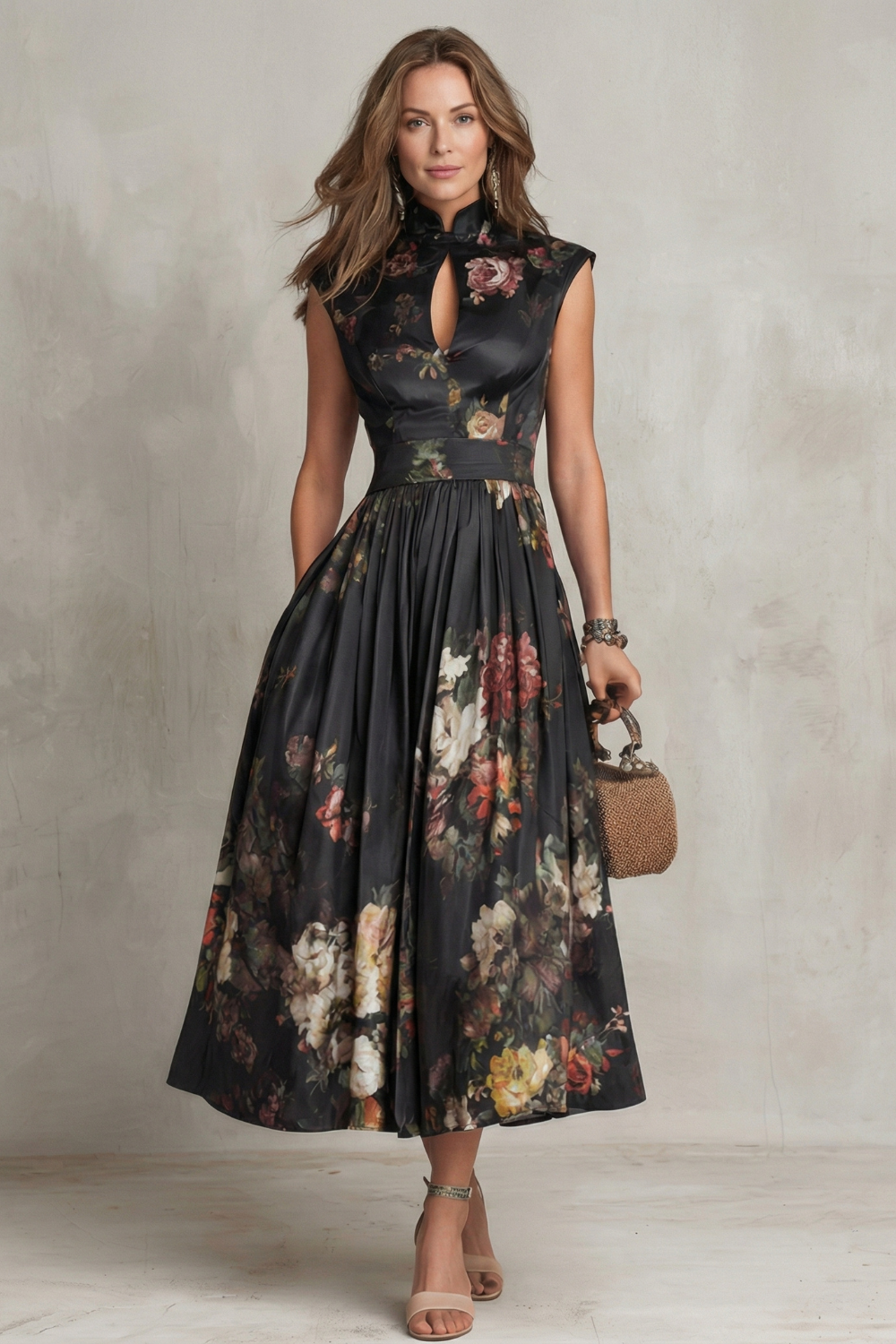 Noirelle | Robe fleurie midi sans manches pour femmes