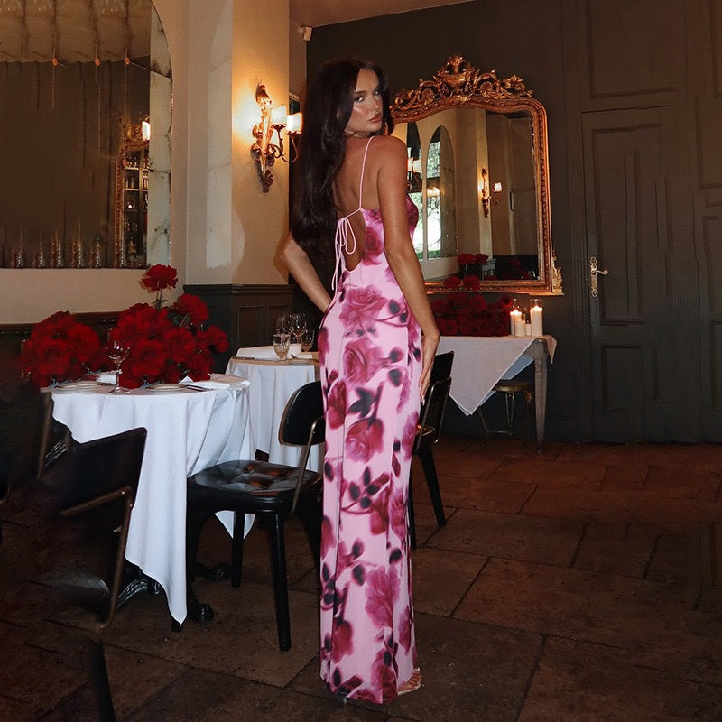 Robe maxi d'été pour femmes avec imprimé floral et fines bretelles R&B