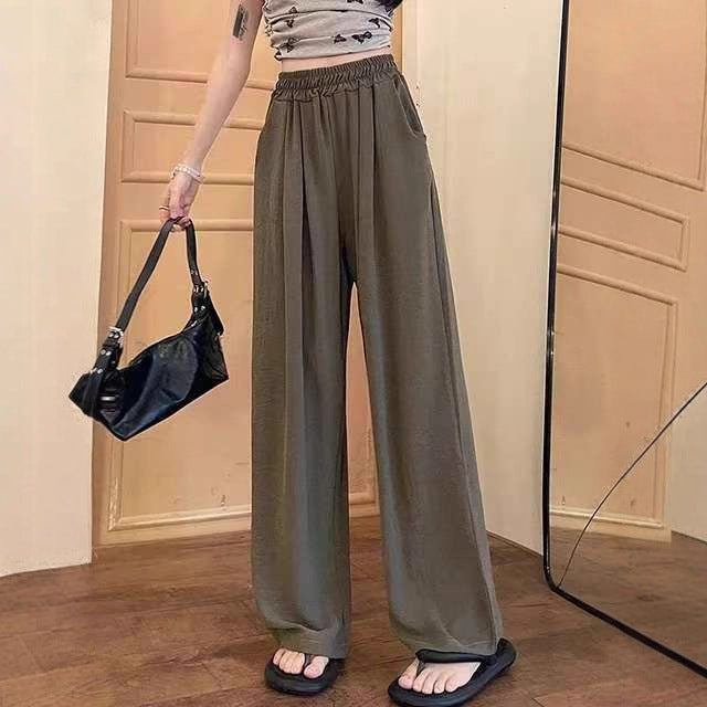 Pantalon palazzo large en look lin pour femmes avec taille haute, ceinture élastique et poches