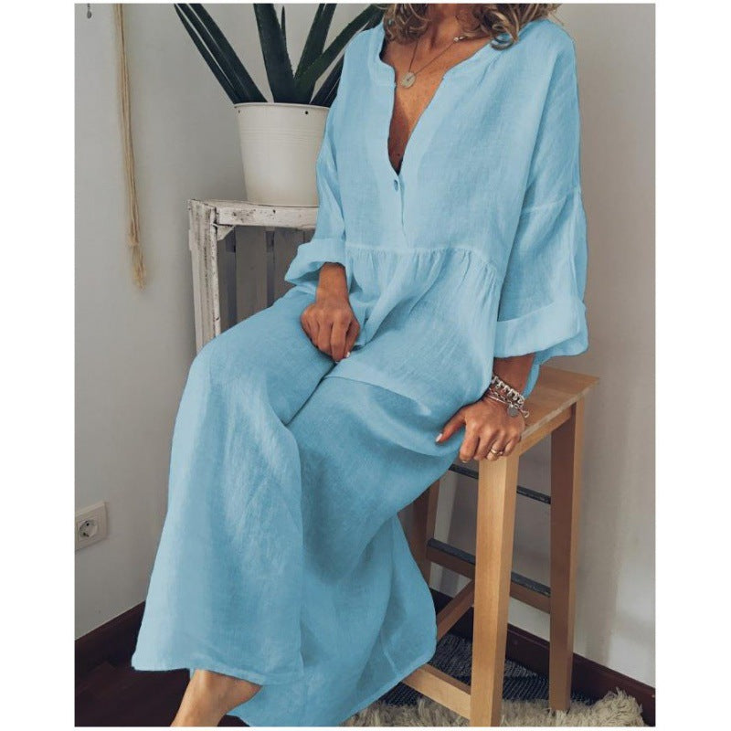 Robe maxi en lin pour femmes avec décolleté en V, taille froncée et manches 3/4 Echo Archive