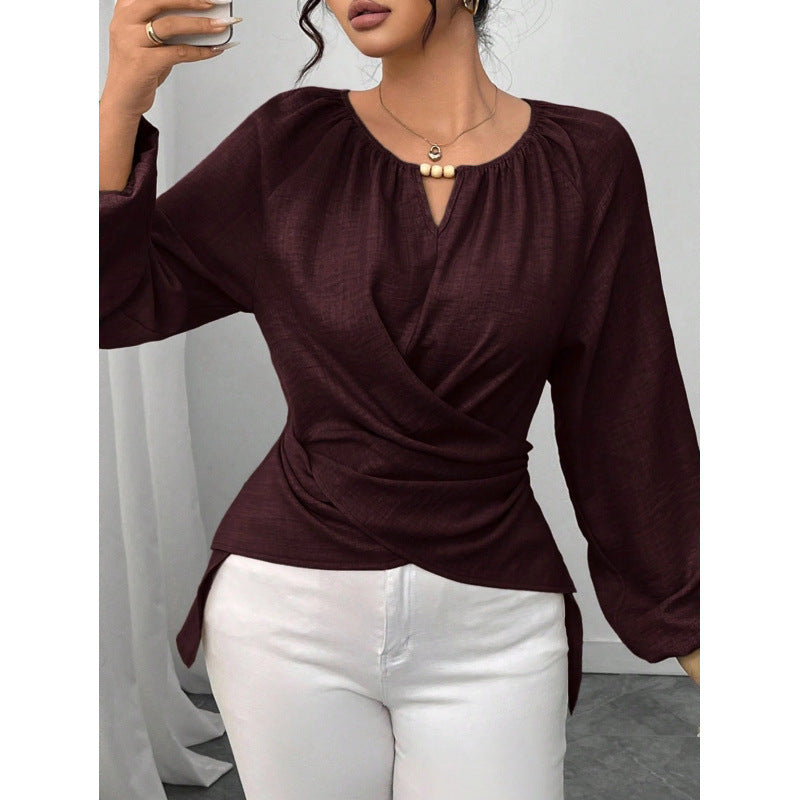 Blouse wrap cintrée pour femmes avec détail de perles et manches ballon Echoarchiv
