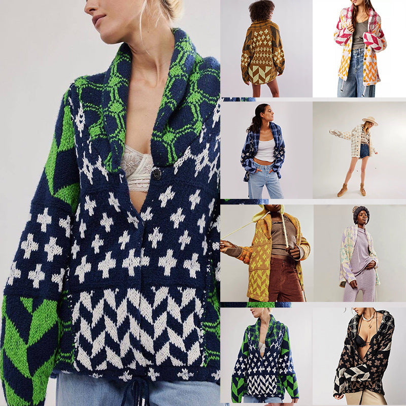 Cardigan oversized pour femmes avec col châle et motif graphique Echoarchiv