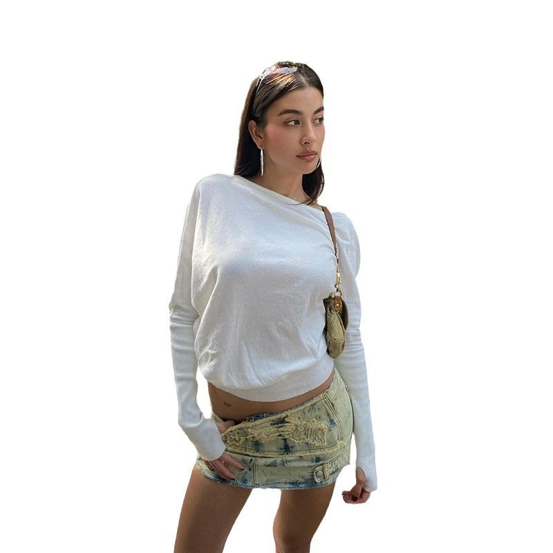 T-shirt cropped à manches longues léger pour femmes avec détail épaule unique et mélange de coton stretch Echo Archiv