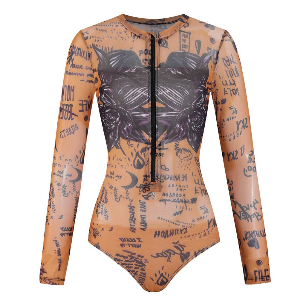 Combinaison de surf à manches longues pour femmes avec un design graphique artistique et zip R&B