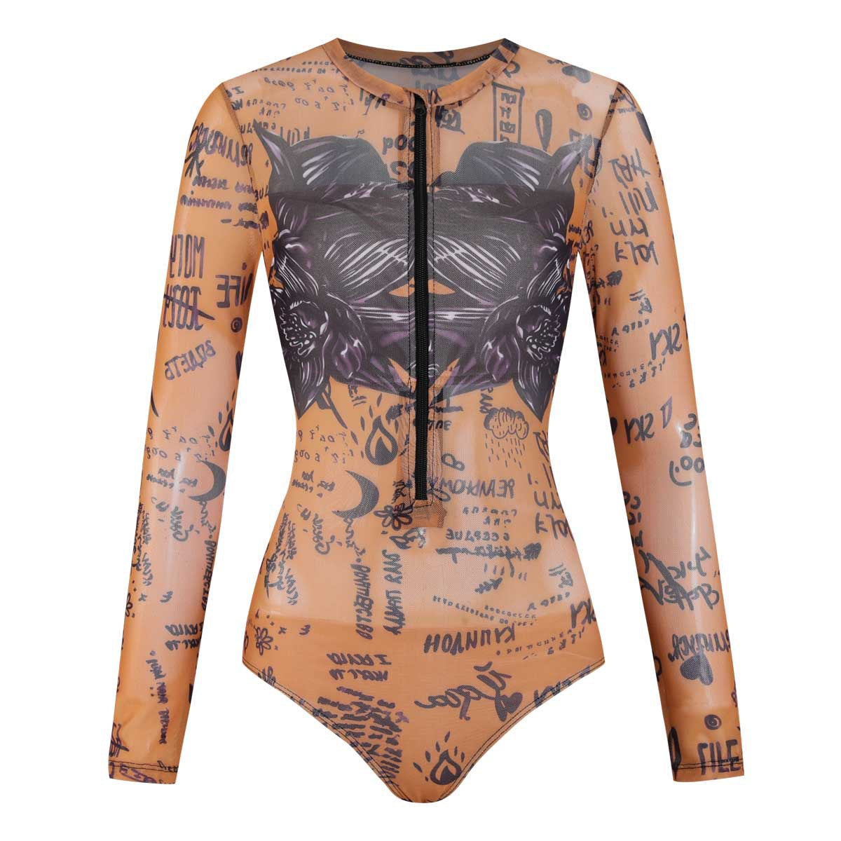 Combinaison de surf à manches longues pour femmes avec un design graphique artistique et zip R&B