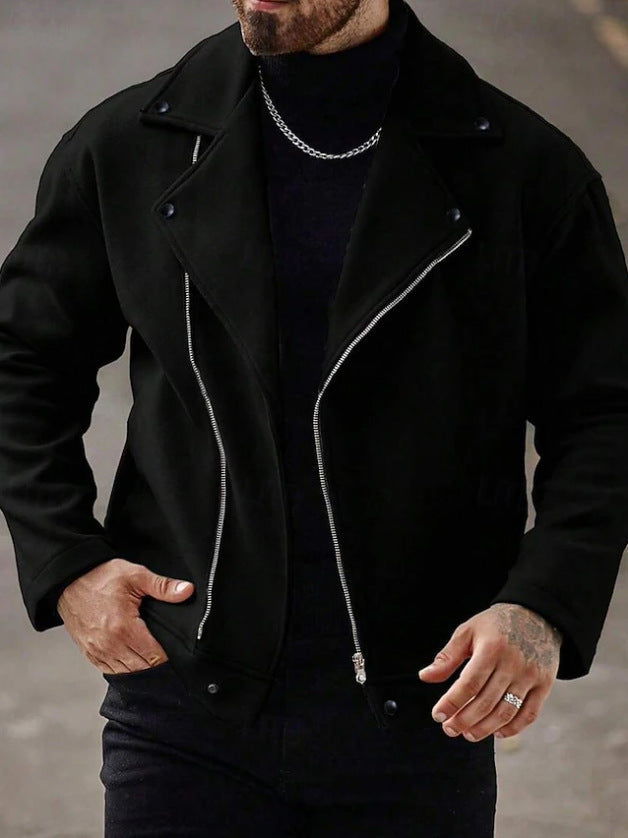 Veste de moto oversize pour hommes en mélange de laine avec fermeture éclair asymétrique et détails à boutons-pression