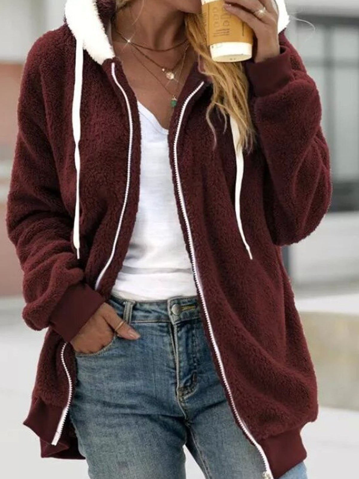 Veste à capuche en teddy polaire douillette pour femmes avec fermeture éclair et coupe oversized