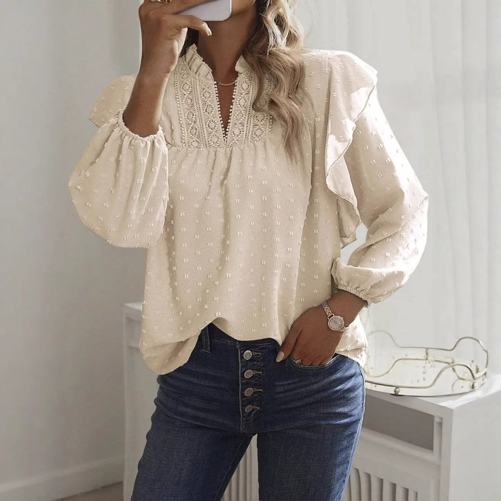 Blouse en viscose pour femmes avec broderie en dentelle et manches volantées