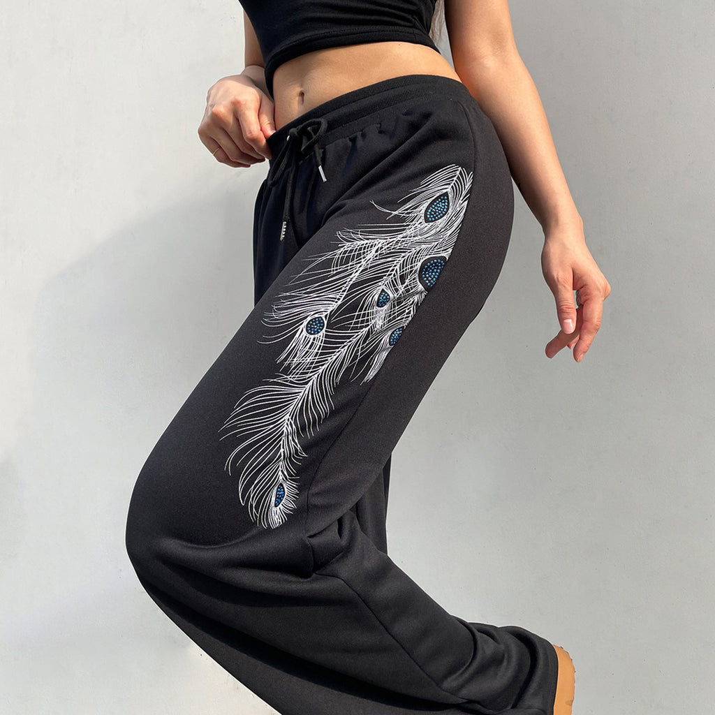 Pantalon de lounge large pour femmes avec cordon de serrage, taille confortable et imprimé de plume de paon Echo Archiv