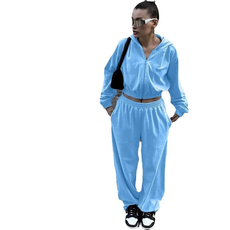 Ensemble lounge en velours pour femmes avec hoodie court à zip, ceinture en rib élastique et pantalon palazzo taille haute