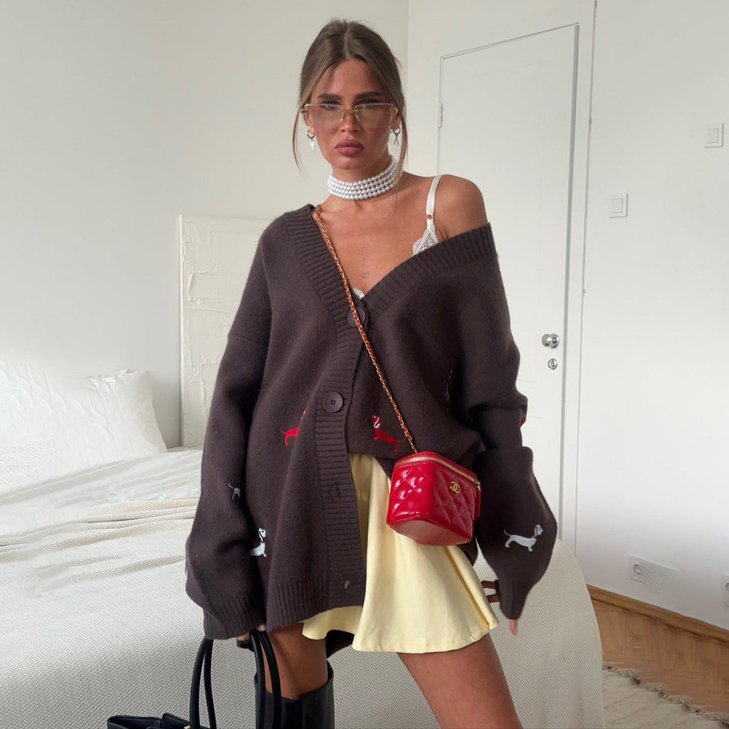 Cardigan en tricot oversized pour femmes avec motifs de teckels brodés Echo Archiv