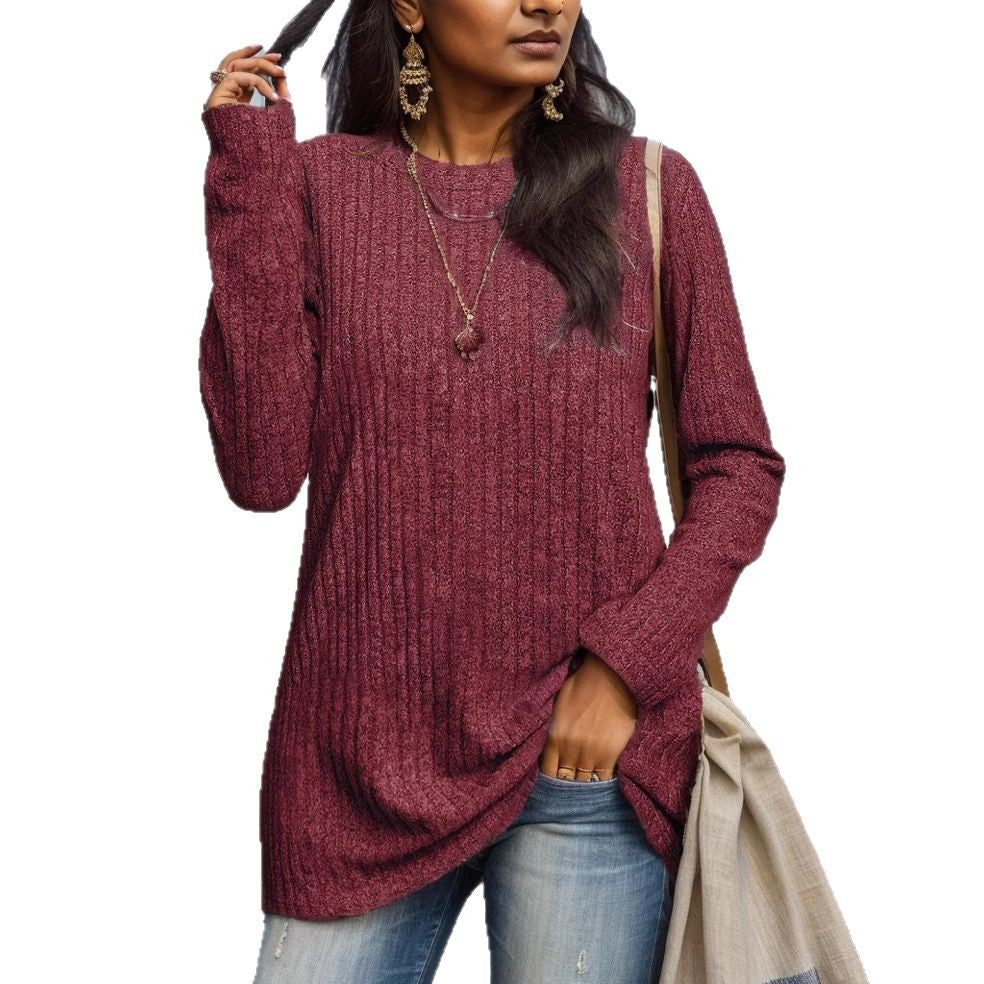 T-shirt long en maille fine côtelée pour femmes avec col rond et ourlet asymétrique