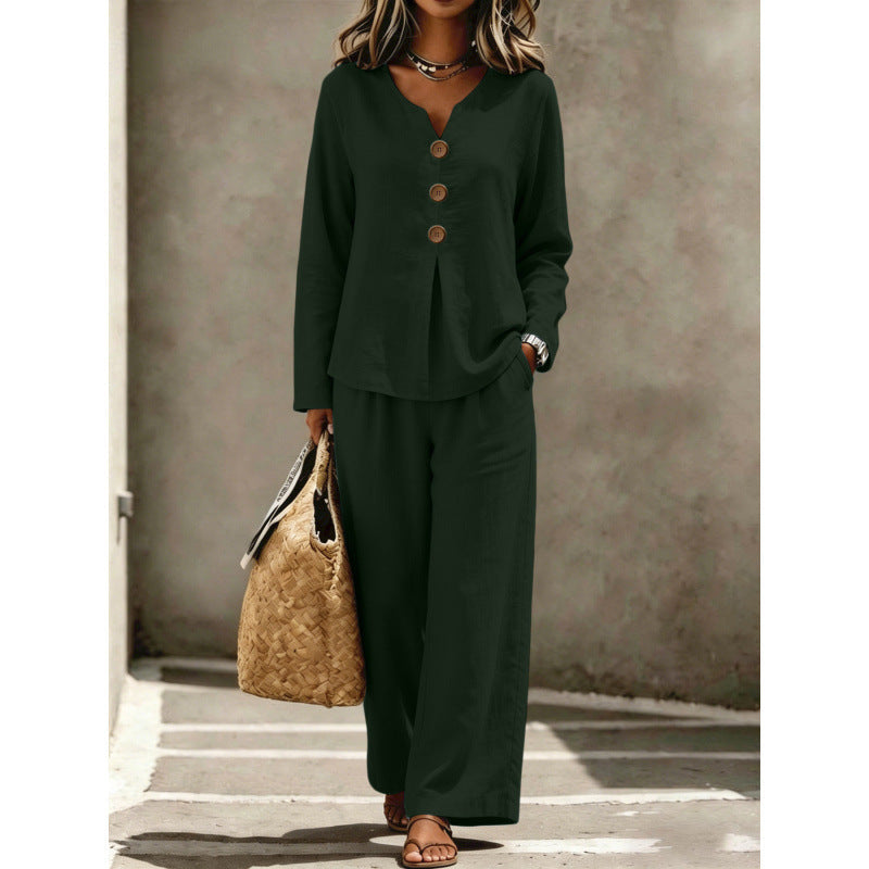 Ensemble Lounge Femme en Lin à Deux Pièces avec Décolleté en V, Blouse à Boutons et Pantalons Palazzo Echoarchiv