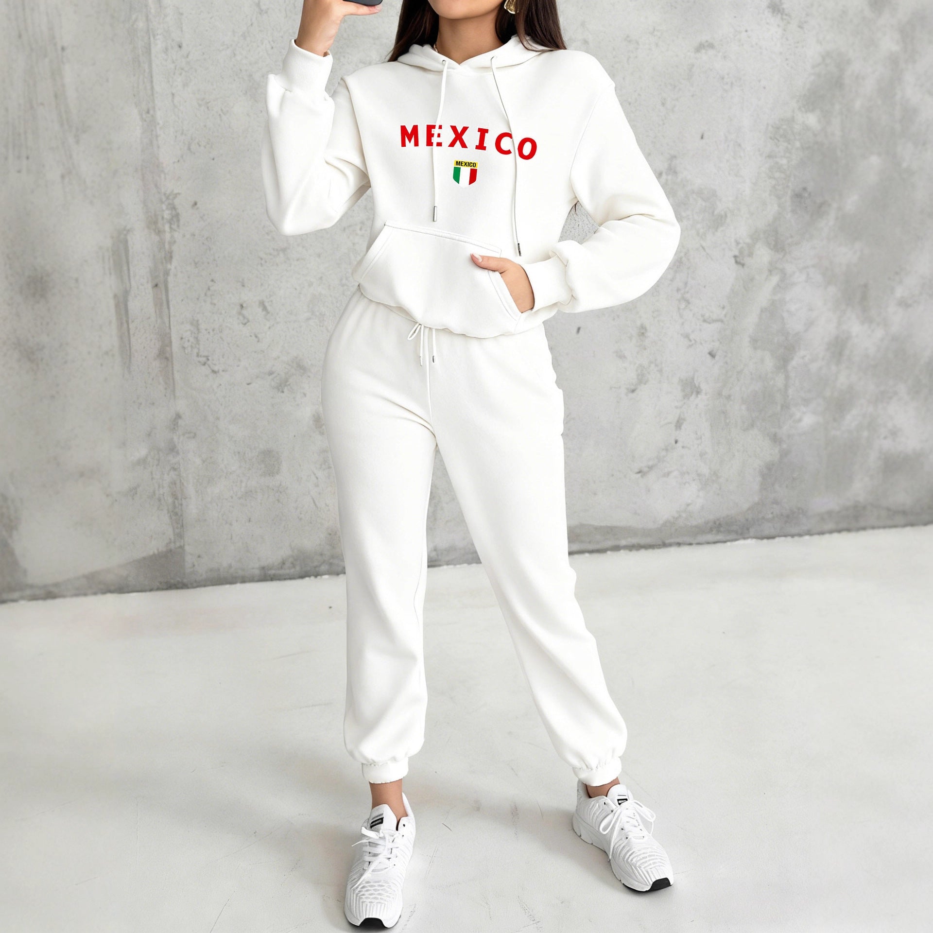 Ensemble de jogging à capuche pour femmes avec sweat à capuche douillet, poche kangourou, doublure douce brossée et impression Mexico - Echo Archiv