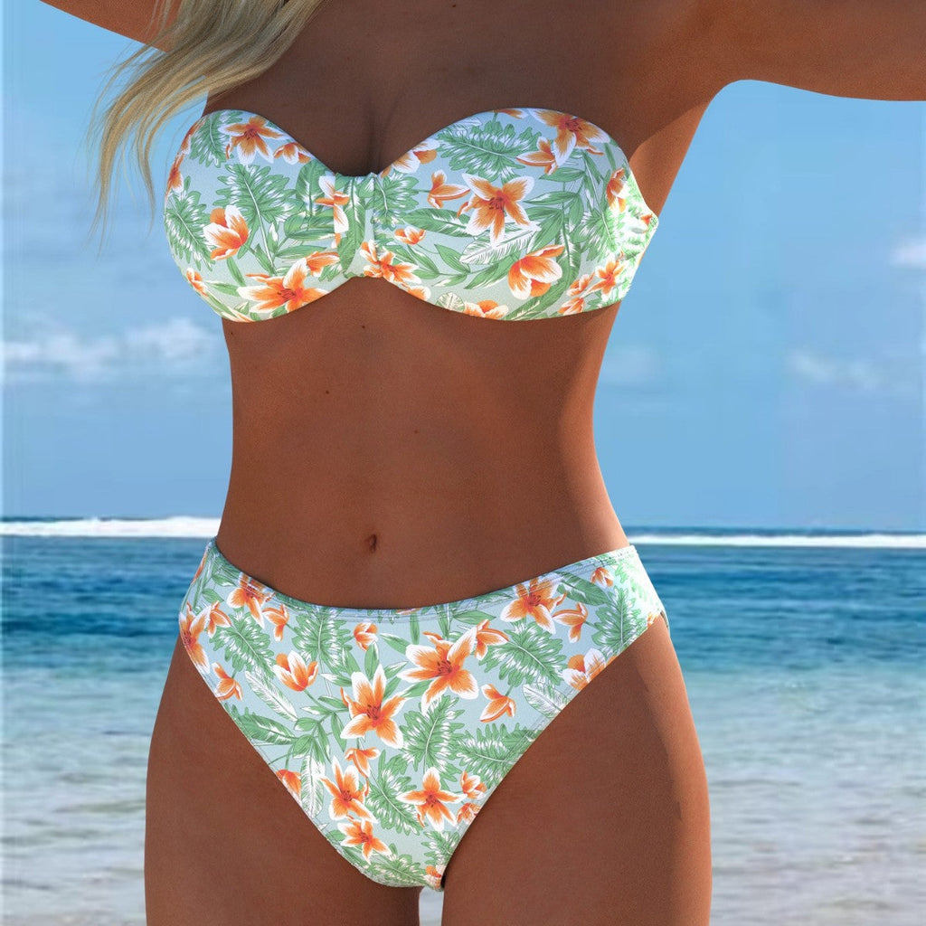 Bikini bandeau pour femmes avec un motif de plumes unique et une taille haute R&B
