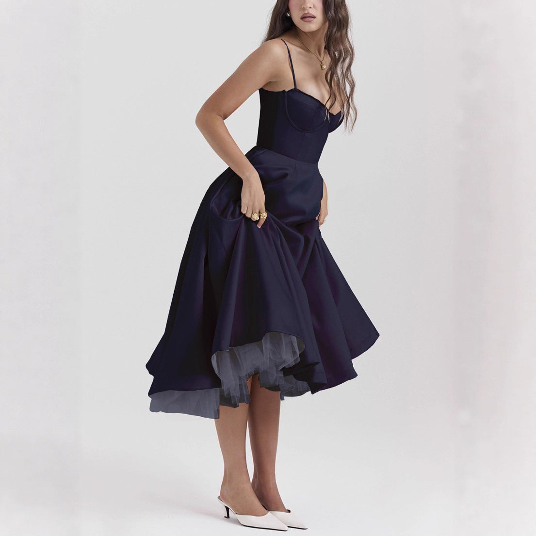Robe midi rétro inspirée pour femmes avec corsage, coutures sous la poitrine, jupe évasée et poches latérales R&B