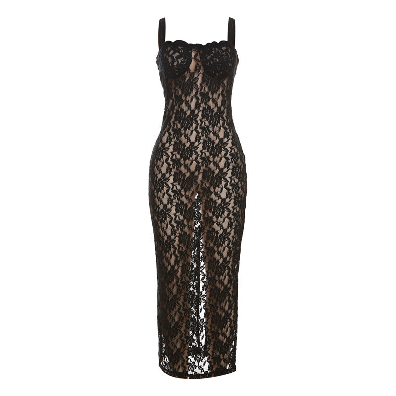 Robe longue en dentelle élégante pour femmes avec fente séduisante et bretelles spaghetti Heidi-Mode