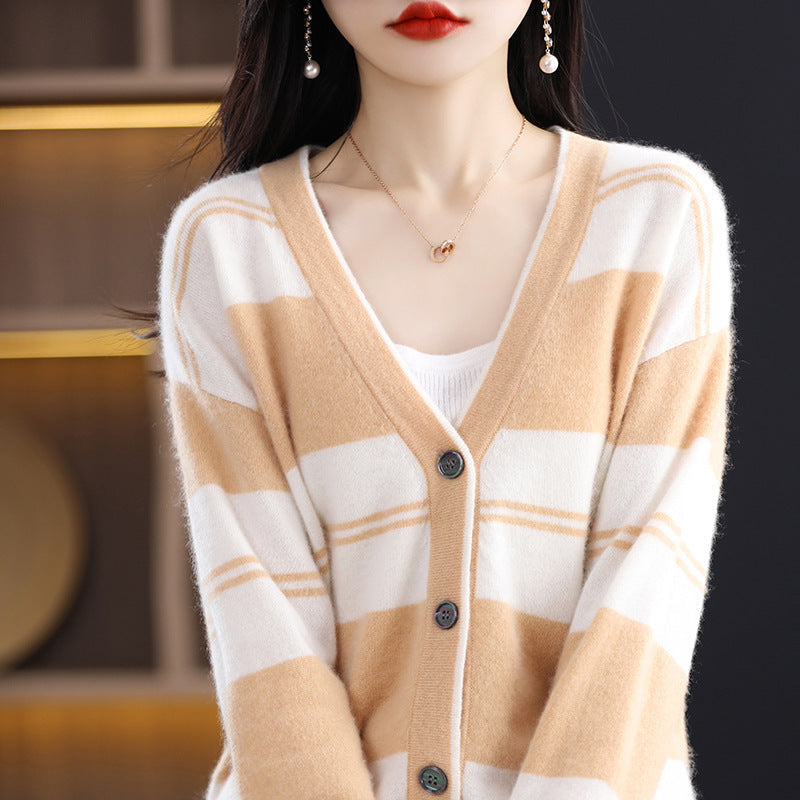 Cardigan midi pour femmes avec rayures, décolleté en V et manches longues