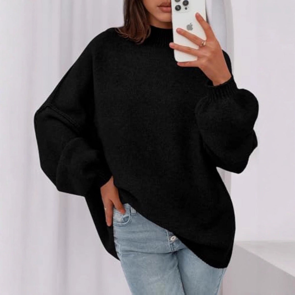 Pull en maille oversize pour femmes avec col montant et manches ballon
