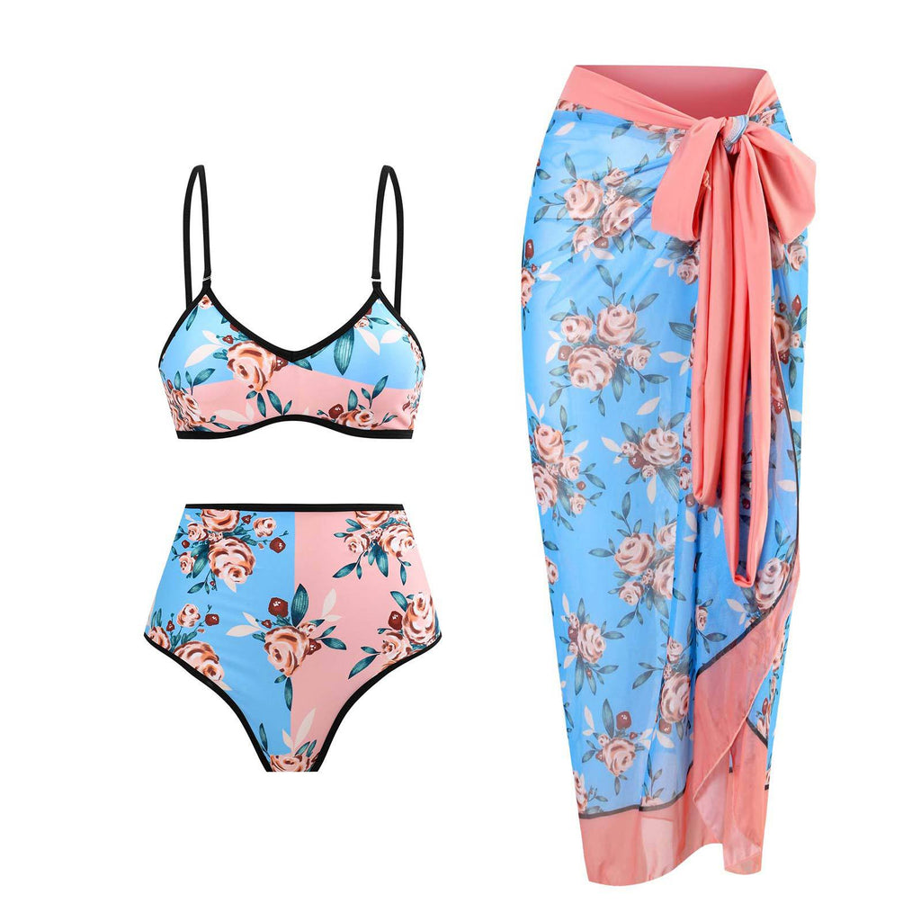 Bikini taille haute pour femmes avec motif floral et détail contrastant R&B
