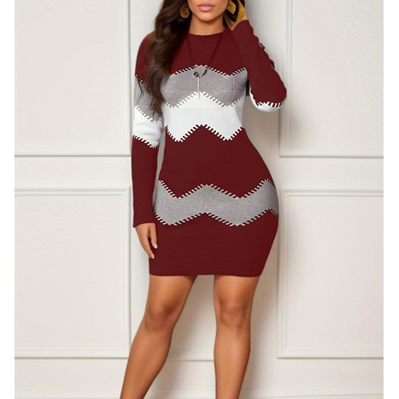 Robe Mini Tricotée Ajustée pour Femmes avec Manches Longues et Motif Zigzag Echoarchiv
