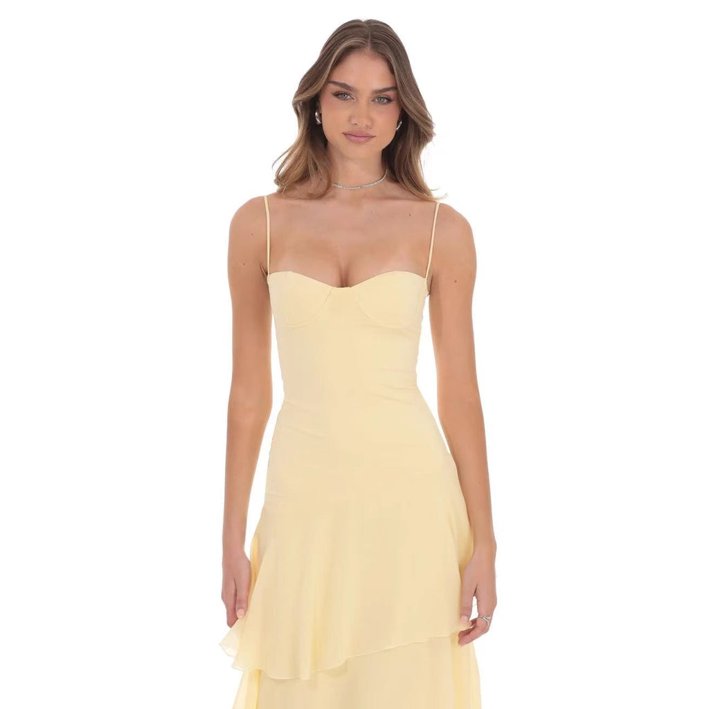 Robe maxi à volants pour femmes avec décolleté en cœur et fines bretelles spaghetti R&B