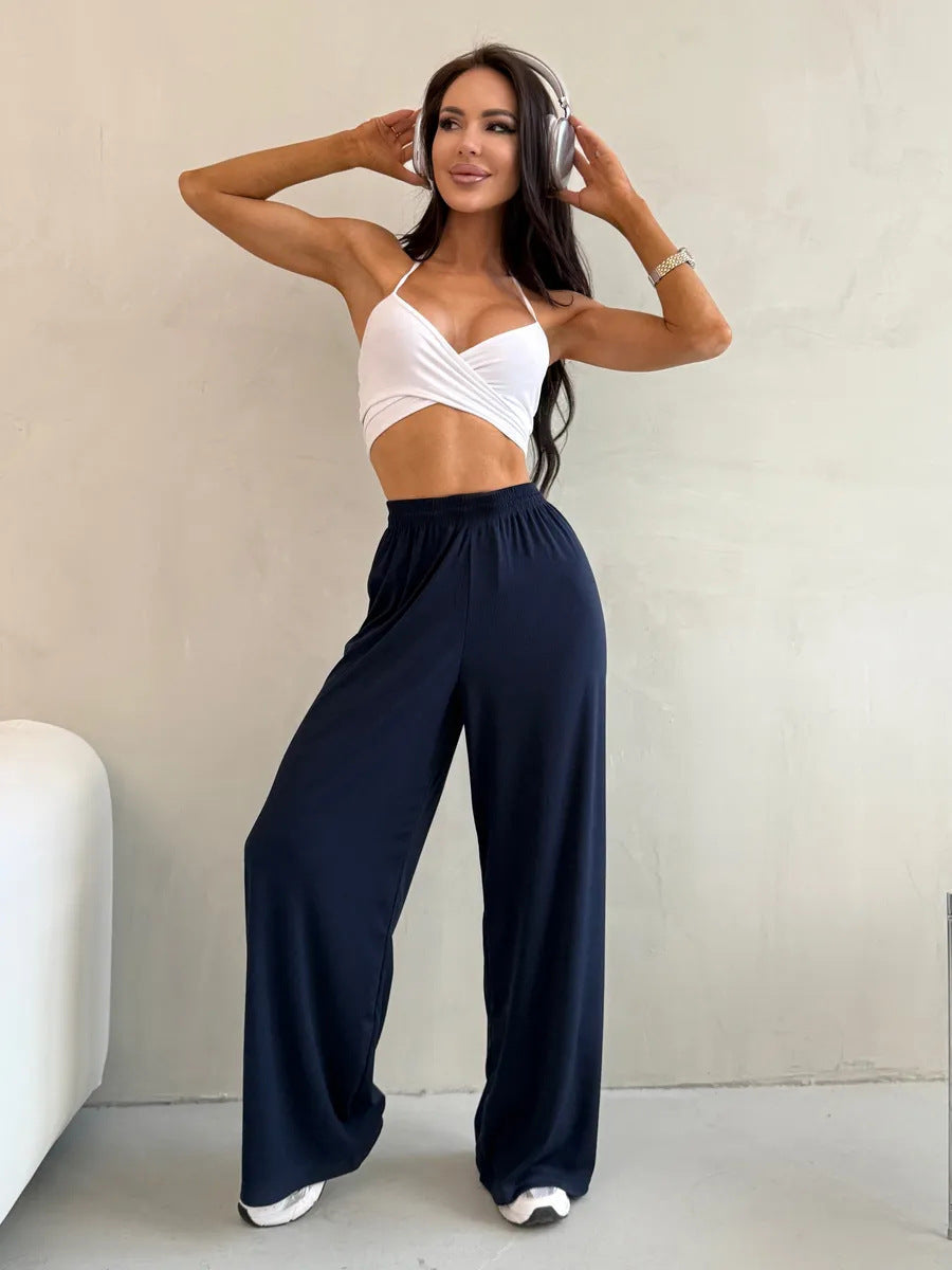Pantalon Palazzo large taille haute pour femmes en jersey côtelé avec taille élastique Echo Archive