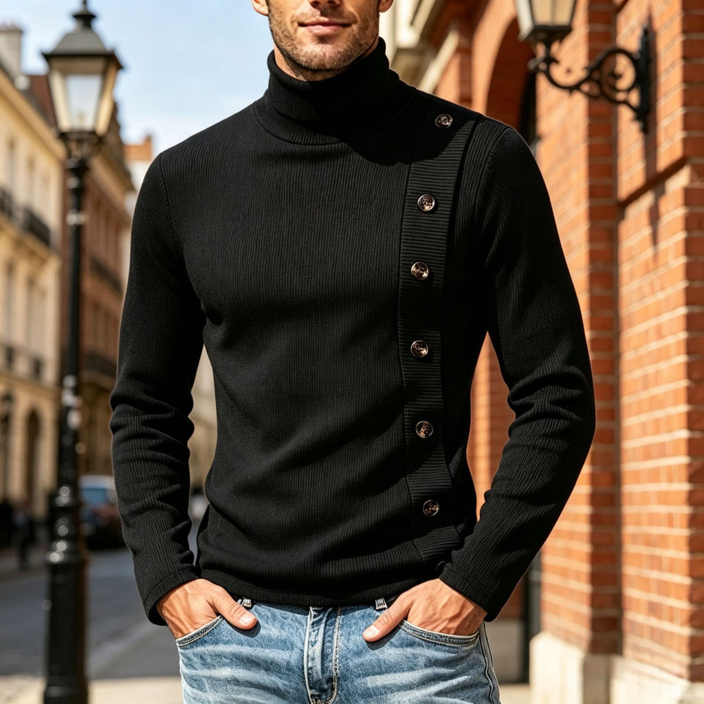 Pull à col roulé Slim-Fit pour hommes avec patte de boutonnage décorative asymétrique en maille côtelée Echoarchiv