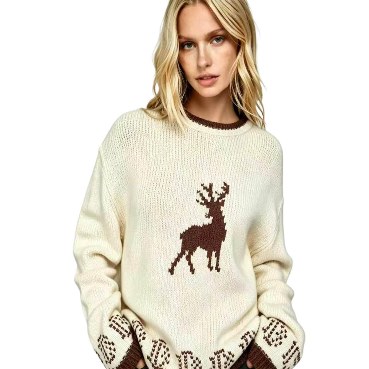 Pull en maille oversize pour femmes avec motif en intarsia de cerf, col rond et bords norvégiens Echoarchiv