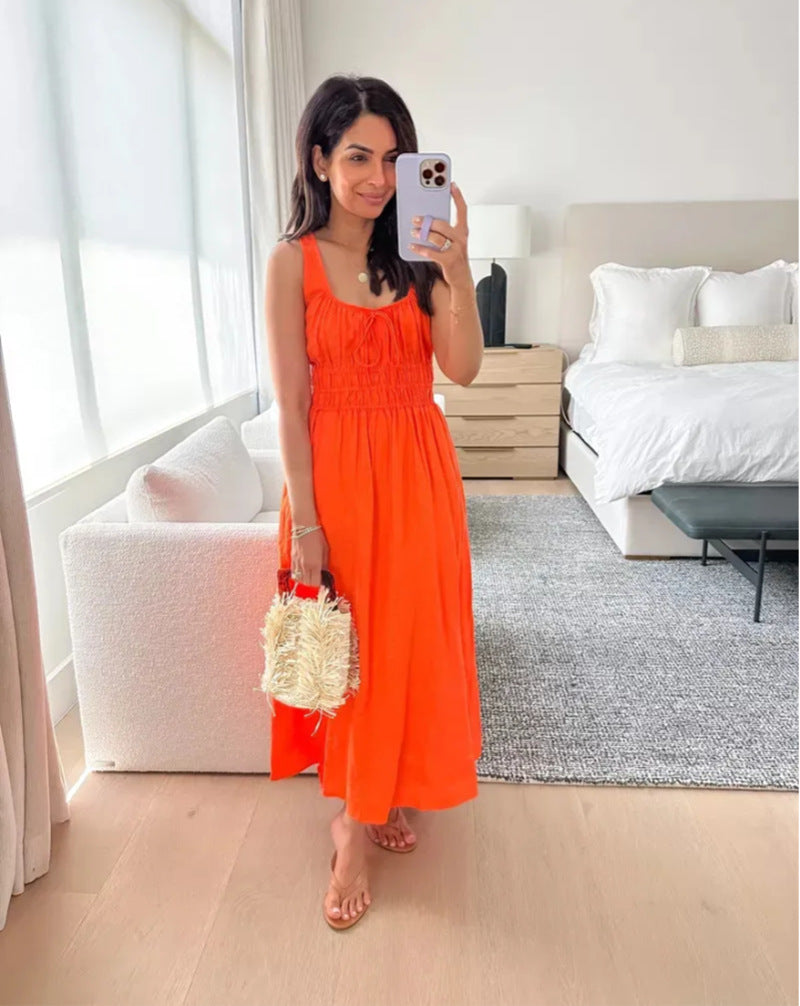 Robe midi en look lin avec bustier froncé, taille élastique et larges bretelles R&B